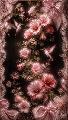 a climbing vine of flowers and hummingbirds on a dark background, tall wrapping composition, no text
