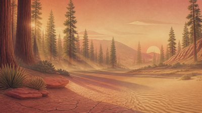 a panoramic redwood forest with light rays through mist, no people