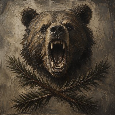 a roaring bear head above crossed pine branches, bold graphic composition on a plain background, no text