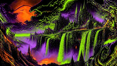 a cliffside city with waterfalls cascading into a misty canyon, wide establishing shot, no people, no text