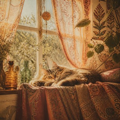a cat lounging in a sunlit window