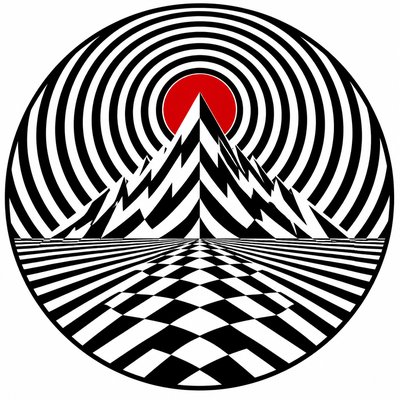 an emblem of a mountain peak inside a circle, simple bold shapes on a plain background, no text or lettering