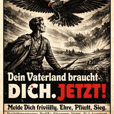 · À savoir :
  · L’Allemagne lance une grande attaque au printemps 1918.
  · Ils ont besoin de jeunes soldats en urgence.
  · Ils promettent une victoire rapide.

5. Choix des symboles pour mon affiche

· Ce que je vais mettre :
  · Un aigle noir (symbole de l’Empire).
  · Un jeune homme qui passe de civil à soldat.
  · Un ciel orageux ou un champ de bataille en arrière-plan.
  · Pas de couleurs joyeuses : surtout noir, blanc, rouge.

6. Croquis et réalisation à la main

· Titre :
  OFFENSIVE DU KAISER – 1918
. En gros, en rouge, style ancien ou gothique.
· Image principale :
  Un jeune regarde un aigle énorme qui plane sur des tranchées.
· Texte d’accroche :
  Dein Vaterland braucht DICH. JETZT !
  (Ta patrie a besoin de TOI. MAINTENANT !)
· Texte secondaire :
  Melde Dich freiwillig. Ehre, Pflicht, Sieg.
  (Engage-toi volontaire. Honneur, Devoir, Victoire.)
· Infos pratiques :
  Freiwilligenannahme Berlin, Nürnberger Str. 70-71.   5 Mk. tägliche Zulage. Freie Ausrüstung.
· En bas :
  IMPERIALE DRUCKEREI · BERLIN · 1918


Style graphique :

· Noir et blanc + touches de rouge.
· Dessin sérieux, pas de déco inutile 
Texte 
