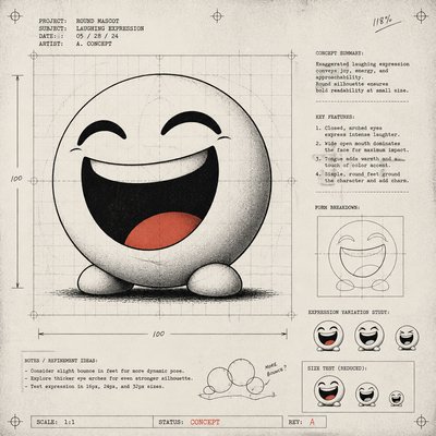 an exaggerated laughing face of an original round mascot character, bold and readable at small size, plain background, no text