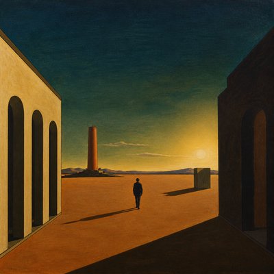 a solitary figure walking toward a glowing horizon across an empty plain, moody atmosphere, no text or lettering