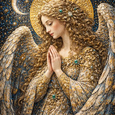 Angelic Woman: A highly detailed photorealistic mosaic artwork in the elegant Art Nouveau style strongly influenced by Gustav Klimt, depicting a serene ethereal angelic female figure in three-quarter profile view from the left, eyes gently closed, calm contemplative expression with subtle blush and red lips, head slightly bowed, hands clasped in prayer over the chest. The entire form--including flawless skin, elaborate voluminous curly hair with flowing organic swirls, large intricate angelic wings, and ornate decorative covering--is intricately composed as a luxurious mixed-material mosaic using tiny irregular tesserae dominated by deep midnight blue and radiant gold tones; vibrant hand-cut smalti glass in midnight blue, sapphire, and luminous gold; abundant sparkling embedded gemstones in lapis, turquoise, and pearl hues; extensive metallic gold leaf accents forming spiral, floral, and whiplash curve patterns; opaque ceramic and marble tiles for subtle texture; and delicate pearl inlays for soft luminosity. Hair and figure feature characteristic Klimt-inspired swirling gold filigree, geometric motifs, and organic curving lines; prominent wings rendered in layered feather-like segments with Art Nouveau flowing forms in gold-outlined midnight blue; radiant golden sunburst halo behind the head enhanced with decorative radial patterns. Vast midnight blue night sky background filled with scattered twinkling stars crafted from pearl and silver inlays and a prominent glowing crescent moon in gold and pearl tesserae, dramatic luminous highlights and iridescent reflections on glass, metals, and gems, slight dimensional depth from raised tiles, thin subtle grout lines for elegant contrast, opulent baroque-infused Art Nouveau hyper-intricate style blending surreal fantasy and symbolic celestial ornamentation, sharp focus, transcendent serene mood