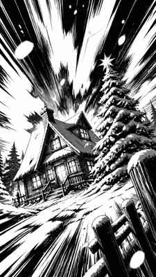 a snow-covered cottage with warm glowing windows beside a decorated pine tree, gentle snowfall, no text