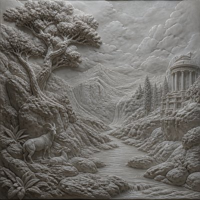 wide landscape with natural scenery — Grisaille Painting Style