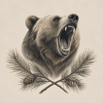 a roaring bear head above crossed pine branches, bold graphic composition on a plain background, no text