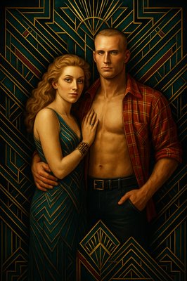 a painting of a man and a woman standing next to each other