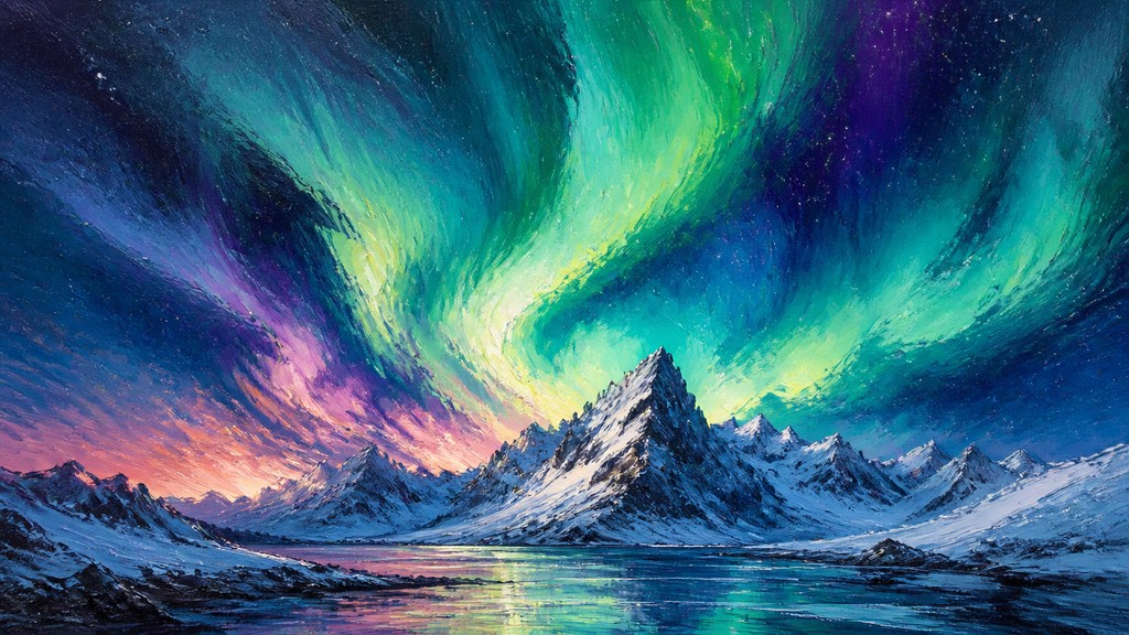 a flowing aurora over snowy peaks, wide sweeping composition, no people, no text