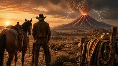 an erupting volcano with lightning strikes, dramatic wide composition, no text
