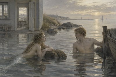 a mermaid meets an ignudi sailor floating in the water