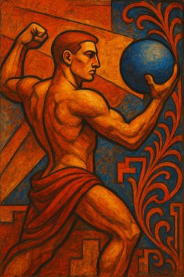 a painting of a man holding a ball