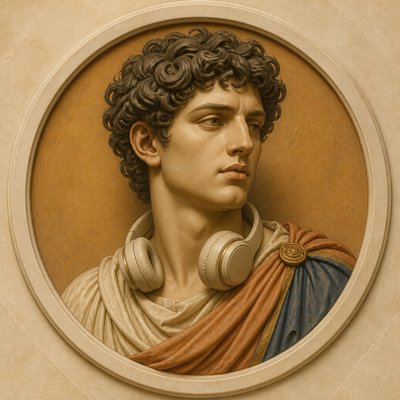 head-and-shoulders portrait of an original character: a young man with curly dark hair and headphones around his neck, plain backdrop, no text