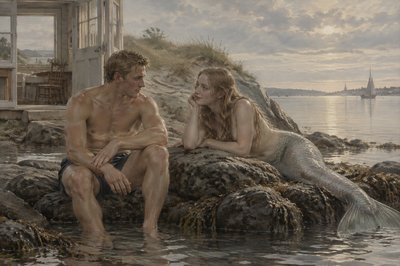 A handsome Danish swimmer with a mermaid lounging on a rock by the sea