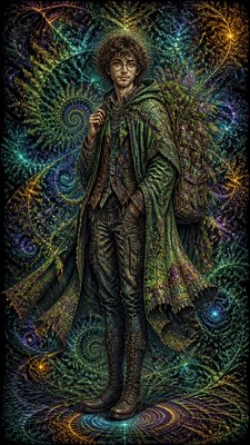 full-body original character: a wandering botanist with a satchel of plants, a patched green cloak, tall boots and round glasses, neutral background