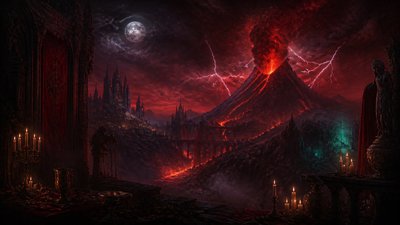 an erupting volcano with lightning strikes, dramatic wide composition, no text
