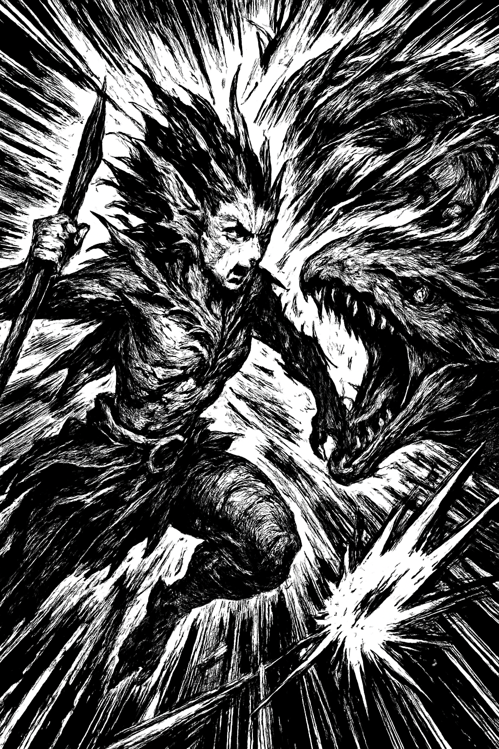 a black and white drawing of a demon attacking a demon