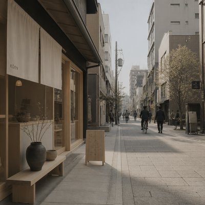 urban street with city activity — Japandi Aesthetic