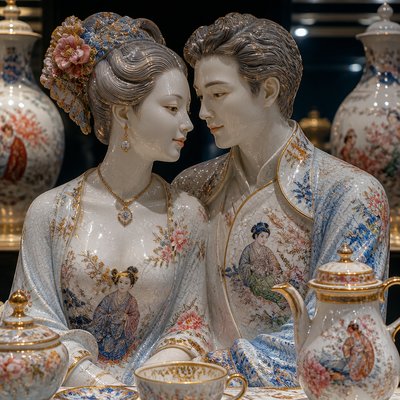 portrait of two people together — Porcelain Art Style