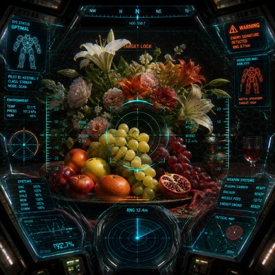 still life arrangement of fruits and flowers