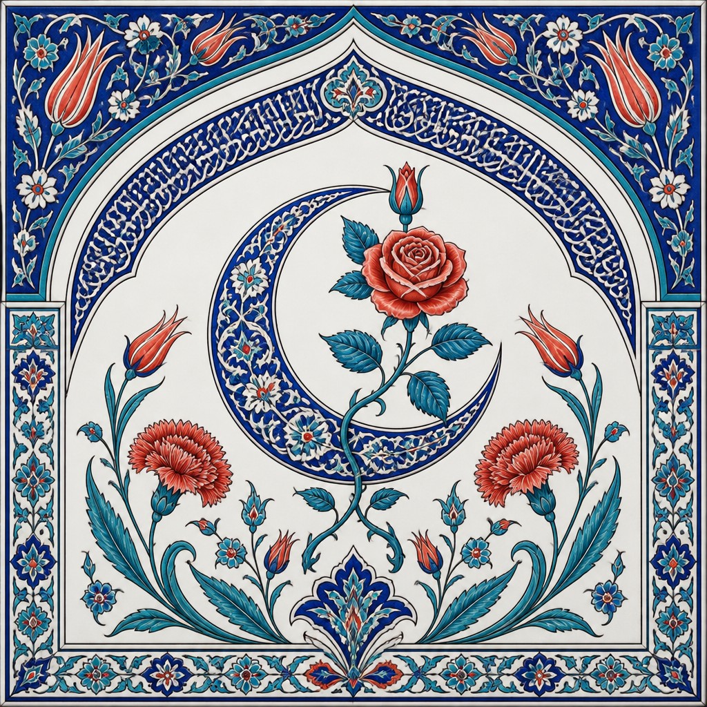 a rose entwined with a crescent moon, clean balanced composition on a plain background, no text