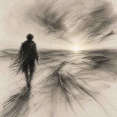 a solitary figure walking toward a glowing horizon across an empty plain, moody atmosphere, no text or lettering