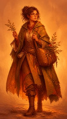full-body original character: a wandering botanist with a satchel of plants, a patched green cloak, tall boots and round glasses, neutral background