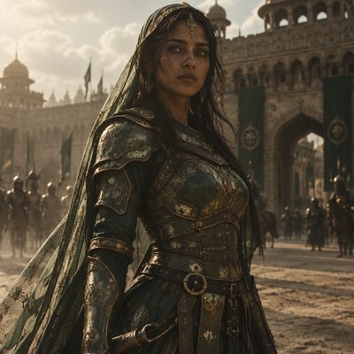 Je veux que tu me fasses une hyper realiste guerriere, tres modern avec une armure moderne genre full vert foncé or sombre et voile en soie transparent mais juste un peu si besoin mais elle une armure, le voile c’est juste histoire de rajouter du tissu et des cheveux lisse et brun et elle a des yeux vert brillant, on dirait presque une deesse de l’inde ancien avec l’ethnie, un corp realiste et un visage realiste ne me fait pas un truc idéalise
