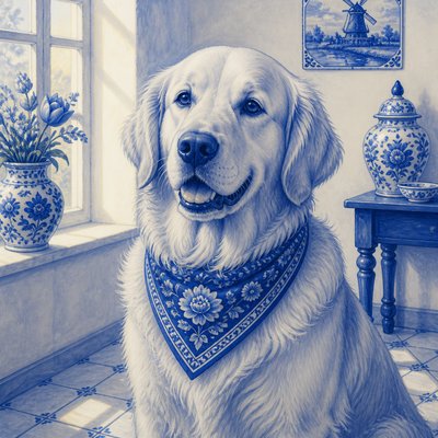portrait of a golden retriever wearing a blue bandana, warm plain backdrop, no text