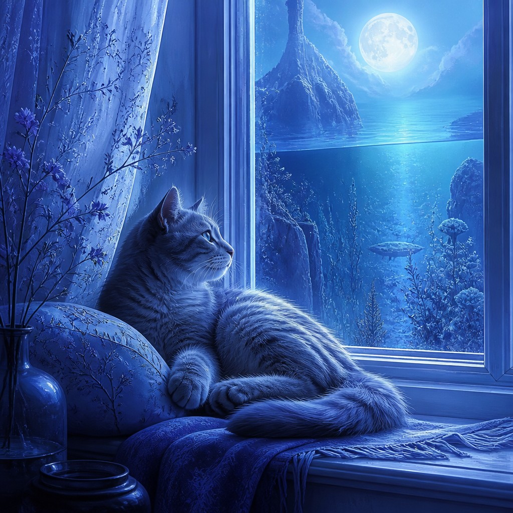 a cat lounging in a sunlit window — Cool Palette Art Style