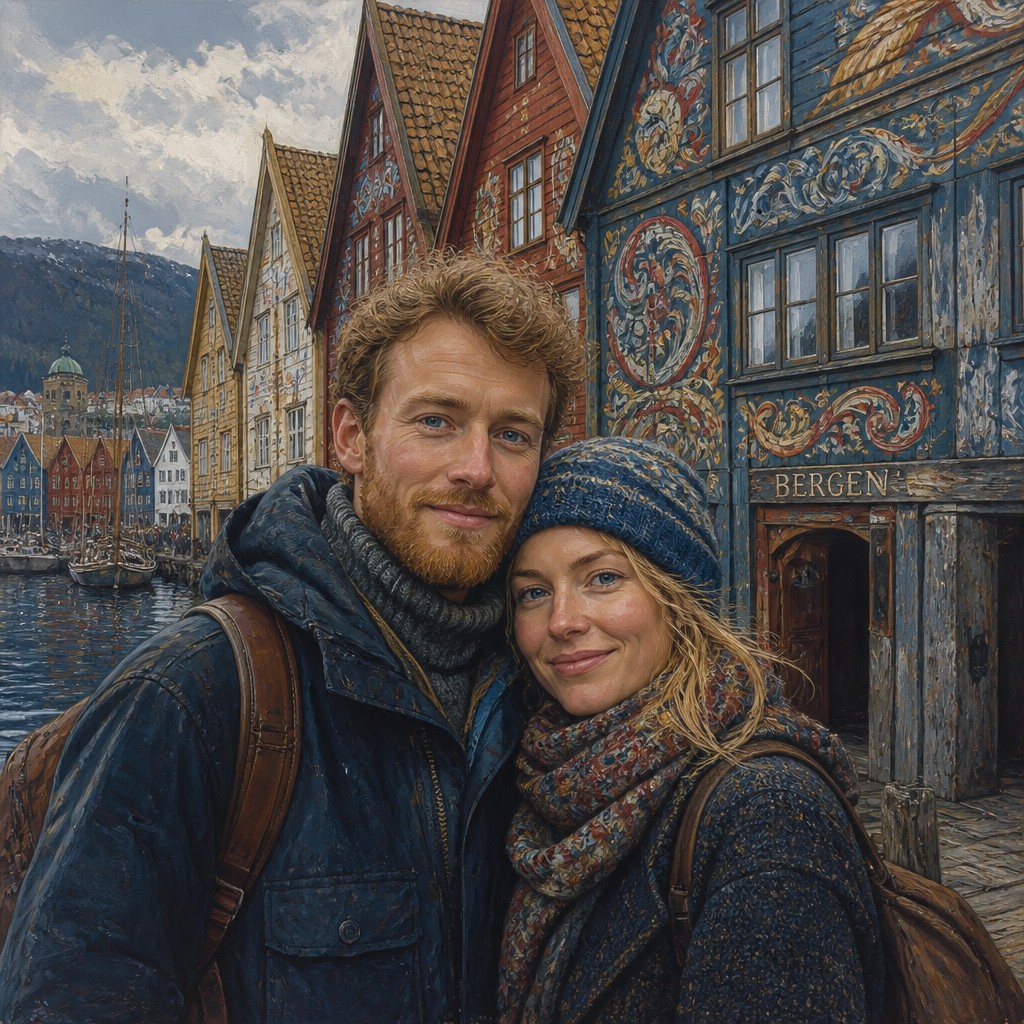 portrait of two people together — Bergen Art Style