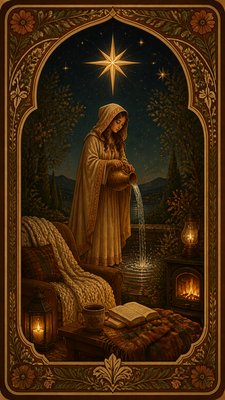 a robed figure pouring water beneath a large eight-pointed star in a night sky, symmetrical composition with an ornate decorative border, no text