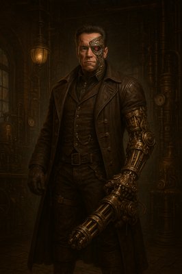 "A dramatic, full-body portrait of Arnold Schwarzenegger as a Steampunk Terminator, standing powerfully in a richly detailed Victorian-era workshop. Arnold's iconic Terminator face is visible, with a glowing red eye, partially obscured by an intricate, metallic eyepatch and visible cybernetic components around his neck and face. He wears a heavy, dark brown leather duster coat over a tailored waistcoat and trousers, all adorned with brass buckles, gears, and leather straps. His left arm is a formidable steampunk prosthetic, crafted from polished brass, copper, and exposed gears, ending in a massive, Gatling-gun-like weapon integrated into the forearm. His right hand wears a finely detailed leather glove with metallic accents. The background of the workshop is filled with vintage machinery, pressure gauges, steam pipes, exposed brick walls, and the soft glow of gas lamps. Smoke or steam gently drifts through the air, adding to the atmospheric industrial setting. The overall aesthetic is gritty, sophisticated, and perfectly blends the sci-fi elements of the Terminator with the intricate mechanical beauty of steampunk
