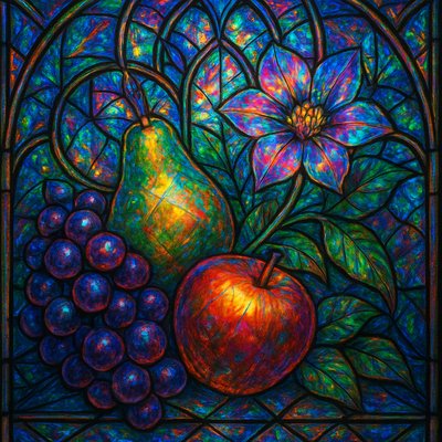 still life arrangement of fruits and flowers