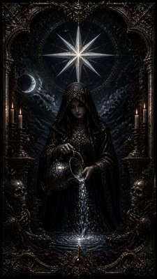 a robed figure pouring water beneath a large eight-pointed star in a night sky, symmetrical composition with an ornate decorative border, no text