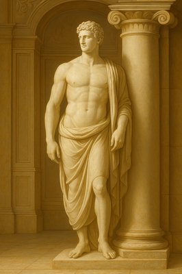 a statue of a man standing next to a pillar
