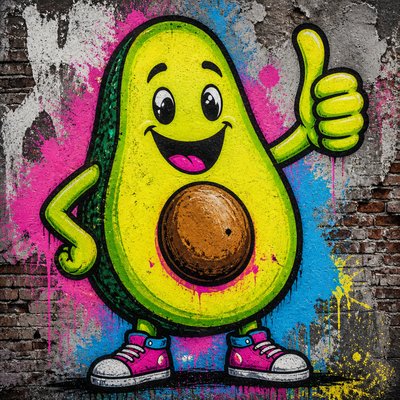 a happy avocado character giving a thumbs up, bold readable design on a plain background, no text