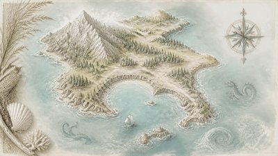 a map of an island realm with mountains, forests, a sheltered bay, sea monsters in the water and a compass rose, no text labels