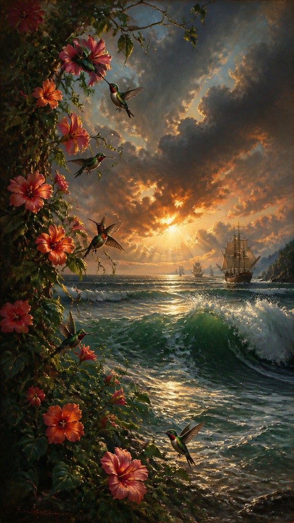 a climbing vine of flowers and hummingbirds on a dark background, tall wrapping composition, no text