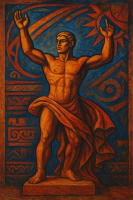 a painting of a man with his hands in the air