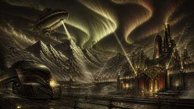 a flowing aurora over snowy peaks, wide sweeping composition, no people, no text