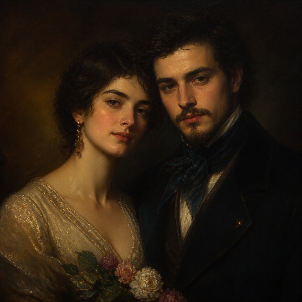 portrait of two people together — Oil Glazing Painting Style