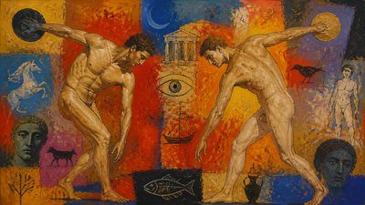 two ancient greek ignudi athletes each hold a discus