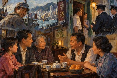Paint this scene fo rme: At length Siu-Zi and her father and grandmother and the others in their little company of friends came to a safe house in Hong Kong.   It wasn’t as if there was no more reason to be afraid, though.  One of the people who were helping Siu-Zi’s father remarked that they were very fortunate, since officers from the foreign ministry had come to the door just one day before Siu-Zi and her family had arrived, asking if there were any illegitimate travelers staying there.  The man, whose name Ah Zi couldn’t remember, had laughed when he said, “We were able to tell them the whole truth!  Nobody was staying at that house but me and my wife.”  Show a montage with Siu-Zi and her father and grandmother, and the couple who run the safe house seated at a table talking, and the man and his wife answering the door, with police outside questioning them, and the kind man who Siu-Ze had seen outside the boat in the background.