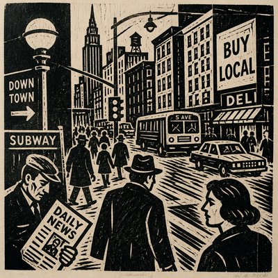 urban street with city activity — Woodcut Print Style