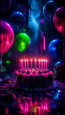 a birthday cake with lit candles surrounded by balloons and confetti, festive vertical composition, no text
