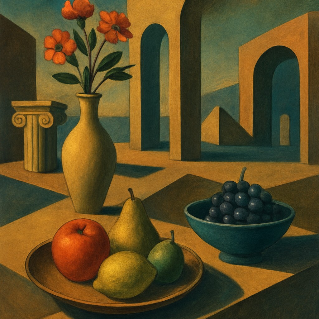 still life arrangement of fruits and flowers