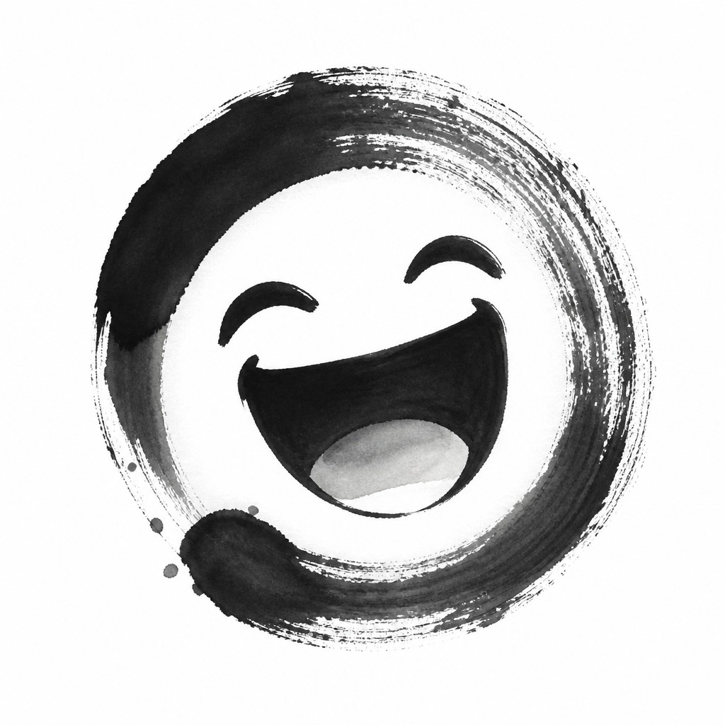 an exaggerated laughing face of an original round mascot character, bold and readable at small size, plain background, no text